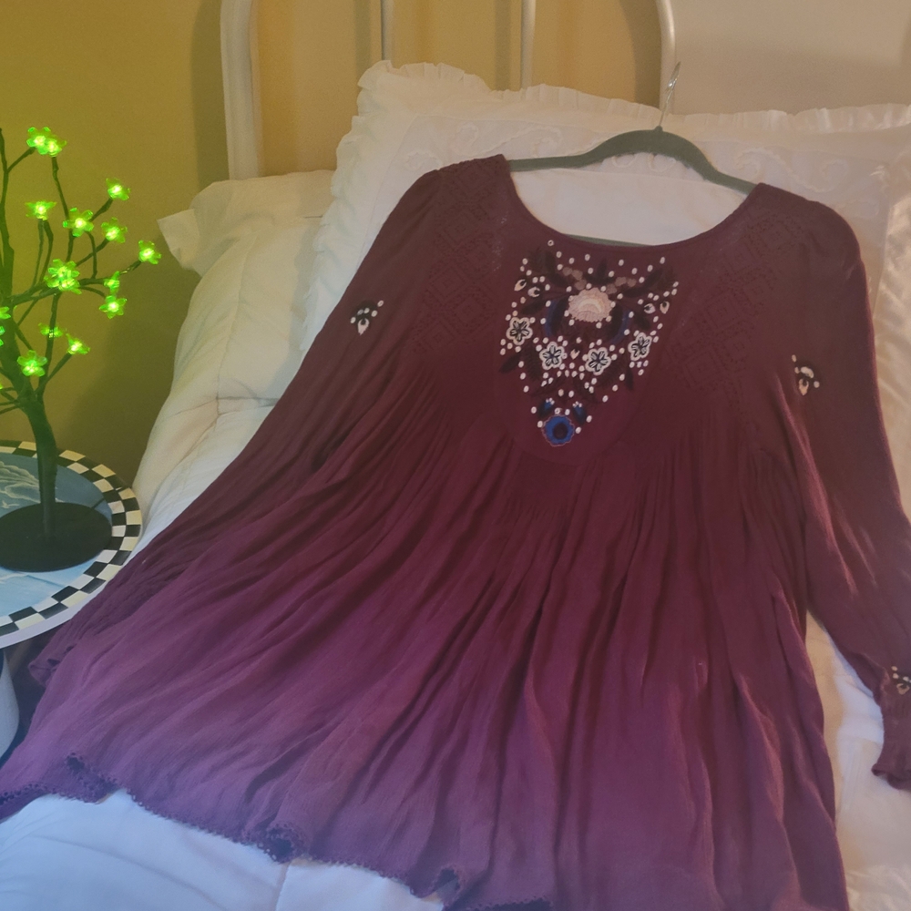 Free People Burgundy Embroidered Mini Dress